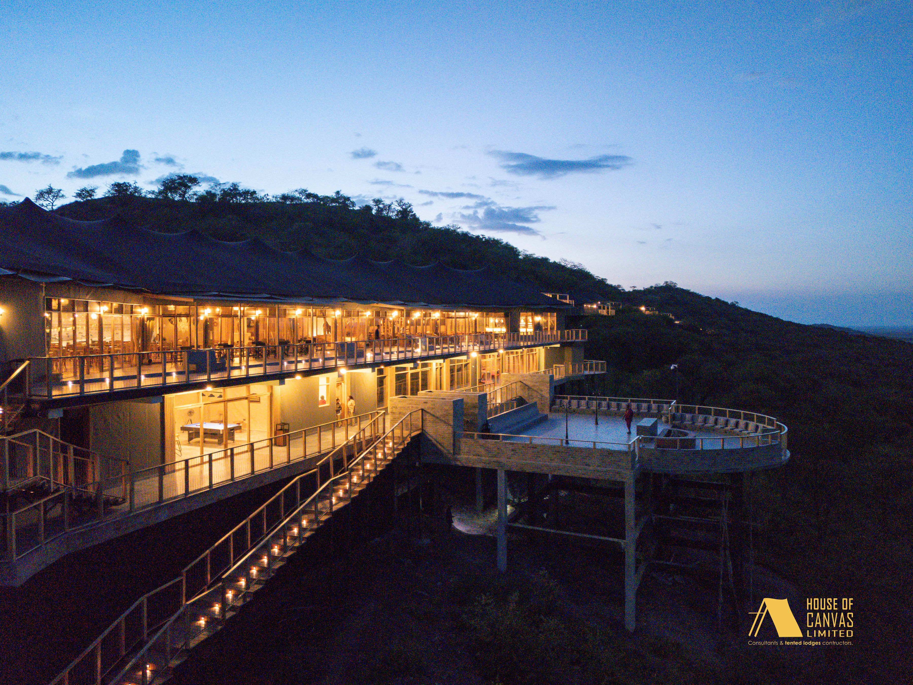 Aerial perspective showing camp nestled in nature