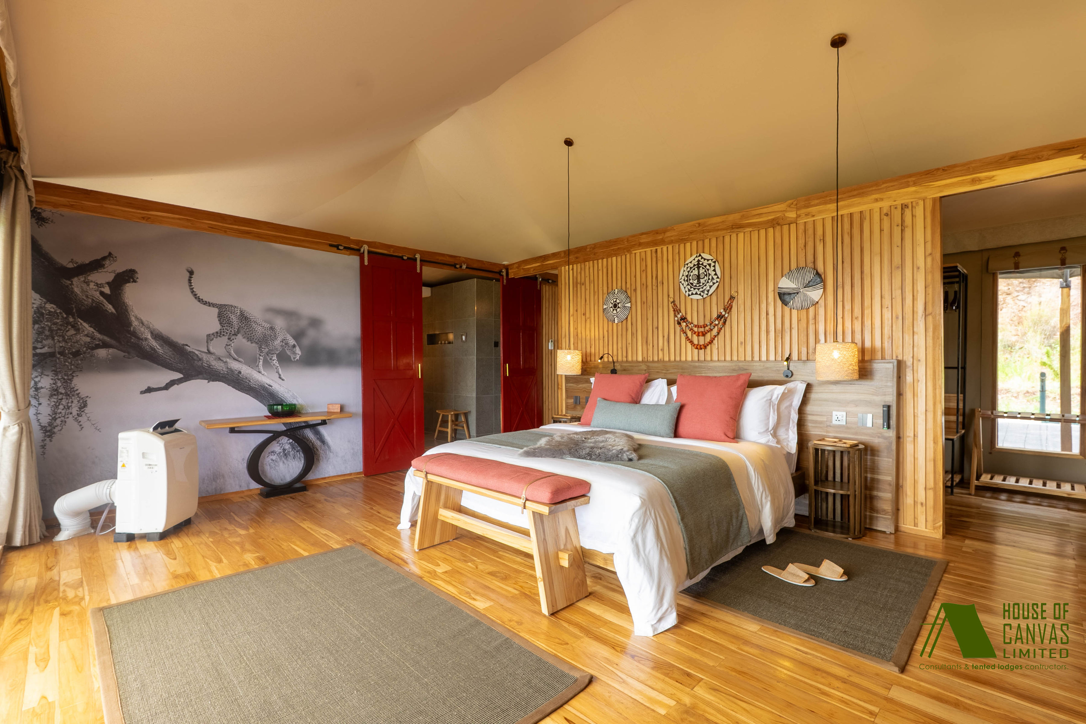 Luxury safari tent interior with premium furnishings