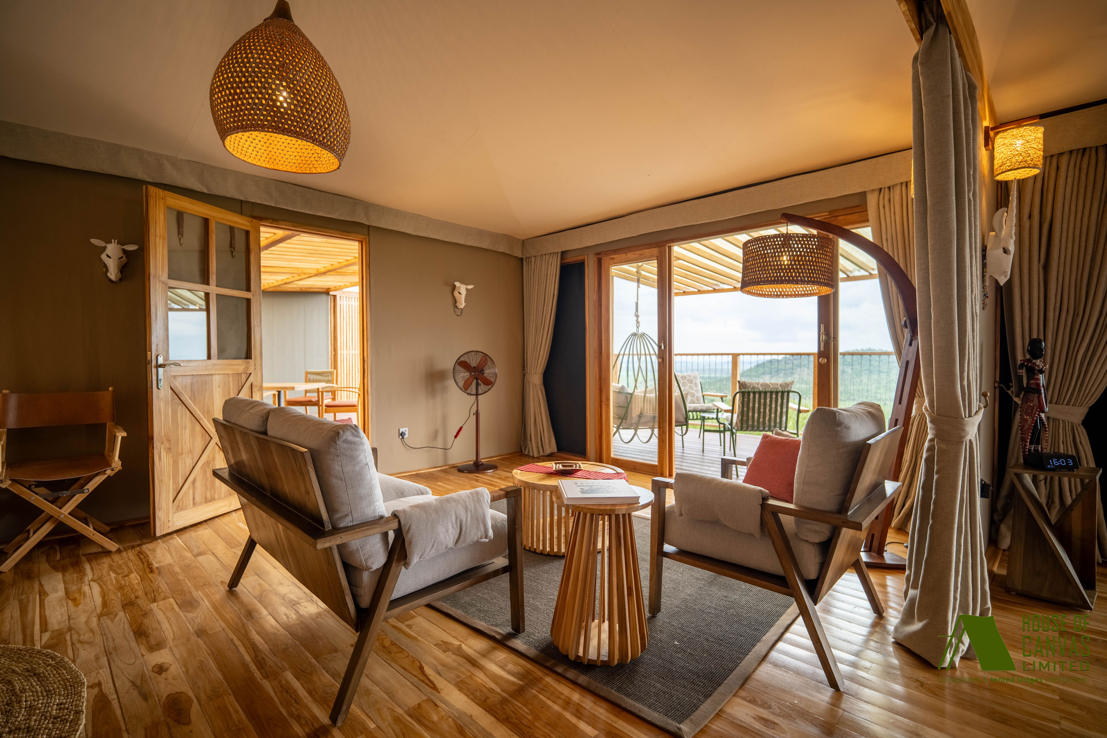 Luxury tent exterior at golden hour