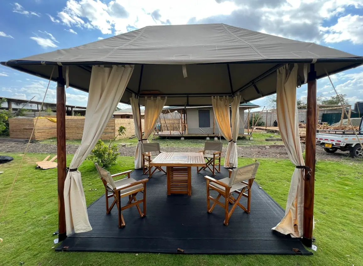Outdoor dining pavilion setup