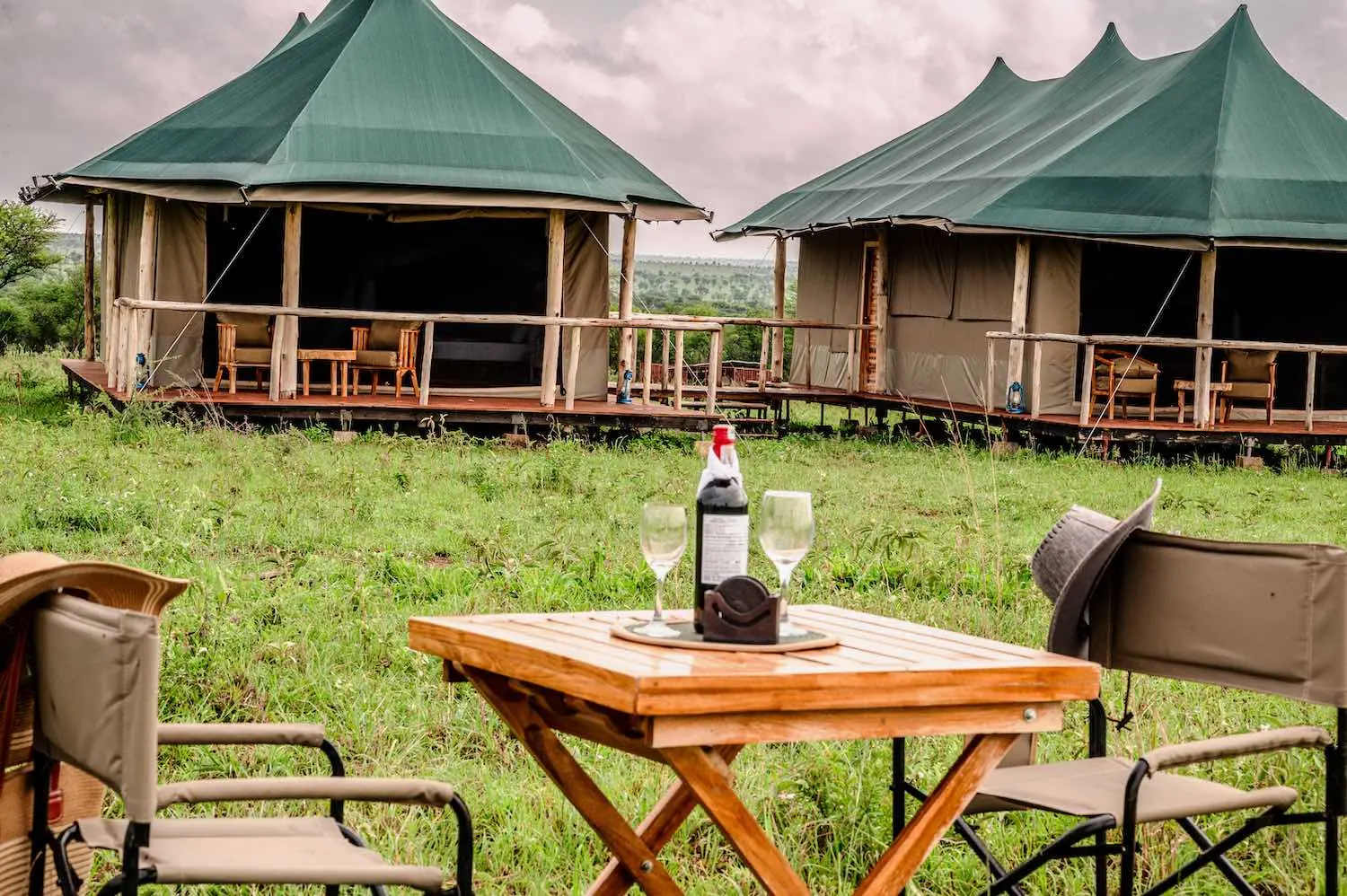 Intimate outdoor dining setup with wine service and tent backdrop