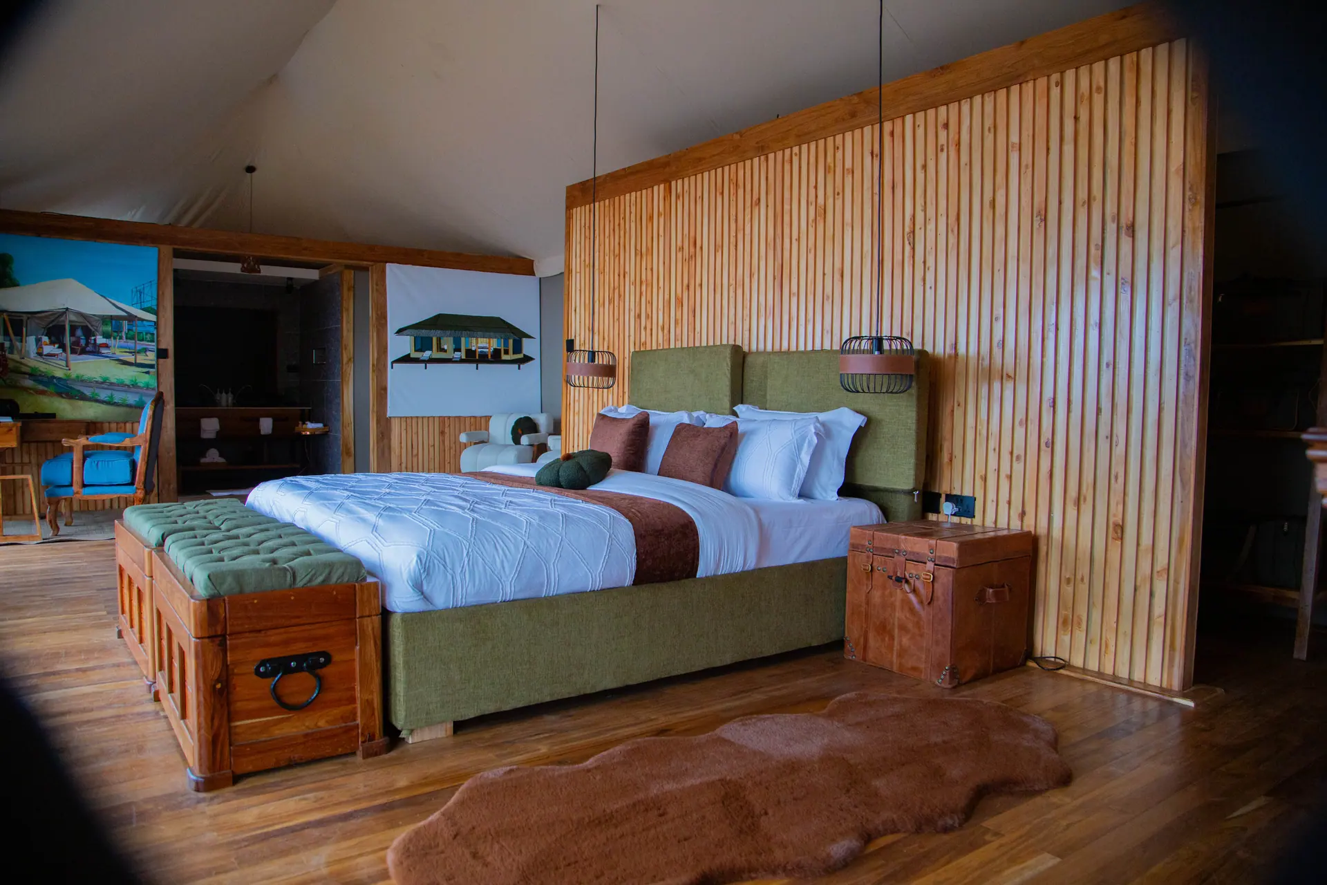 Bedroom with green upholstered bed