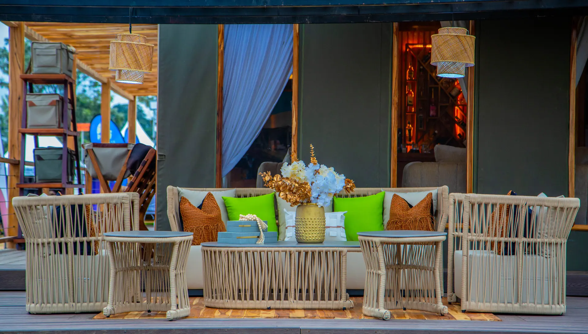 Outdoor lounge area with custom furniture